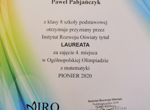 Paweł Pabjańczyk Laureatem Ogólnopolskiej Olimpiady Matematycznej Pionier